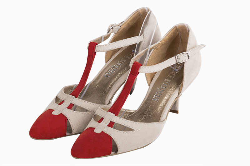 Scarlet red and champagne beige women's T-strap open side shoes. Tapered toe. Medium spool heels. Front view - Florence KOOIJMAN
